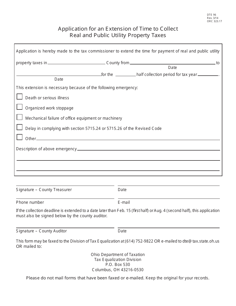 Form DTE96 Application for an Extension of Time to Collect Real and Public Utility Property Taxes - Ohio, Page 1
