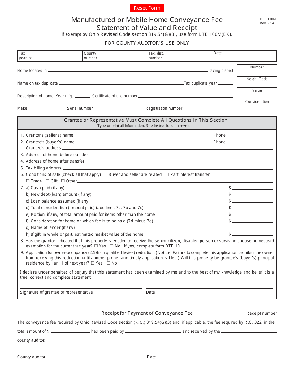 Form DTE100M Manufactured or Mobile Home Conveyance Fee Statement of Value and Receipt - Ohio, Page 1