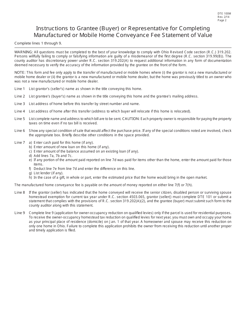 Form DTE100M Manufactured or Mobile Home Conveyance Fee Statement of Value and Receipt - Ohio, Page 2