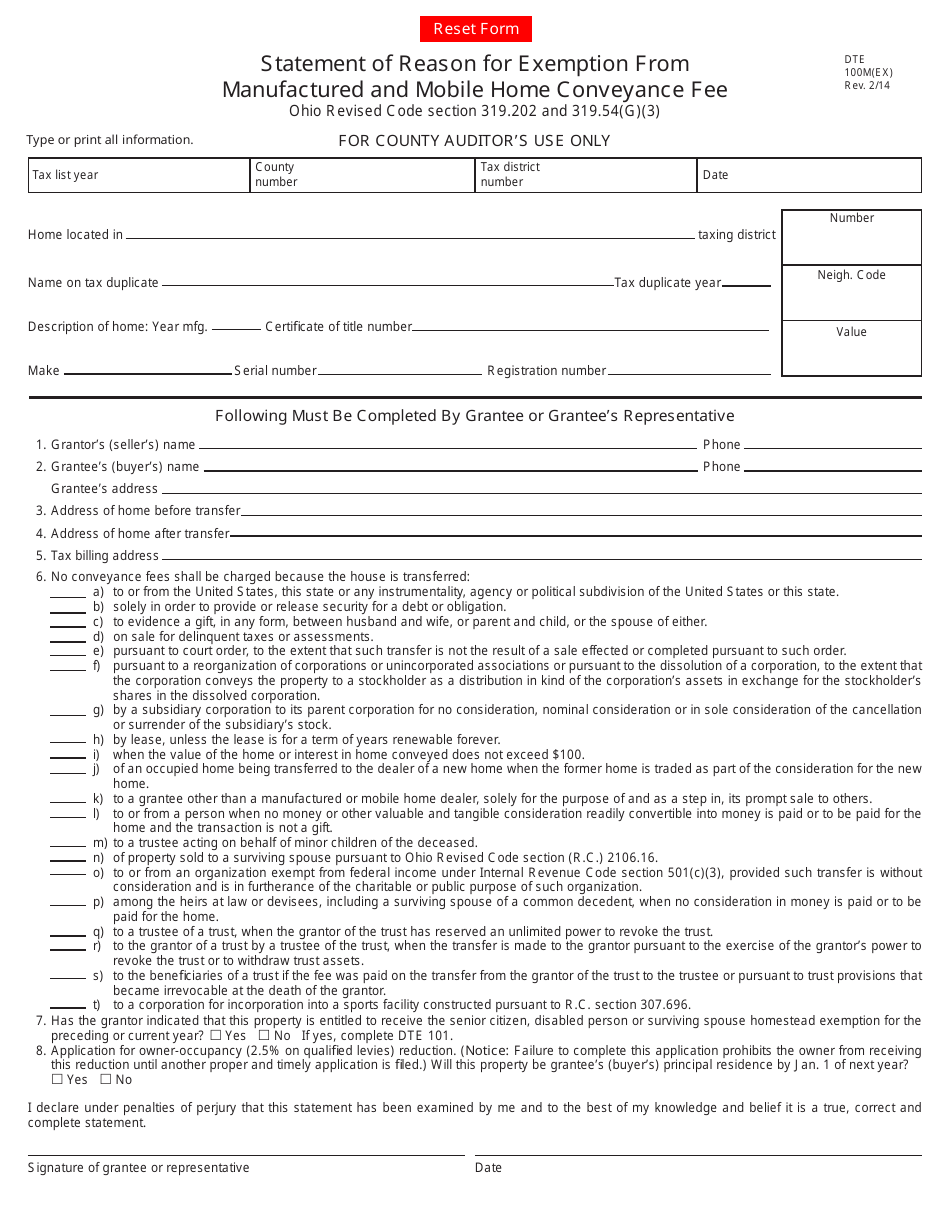 Form DTE100M(EX) Statement of Reason for Exemption From Manufactured and Mobile Home Conveyance Fee - Ohio, Page 1