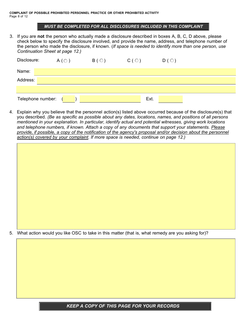 Form OSC-11 Complaint of Possible Prohibited Personnel Practice or Other Prohibited Activity, Page 10