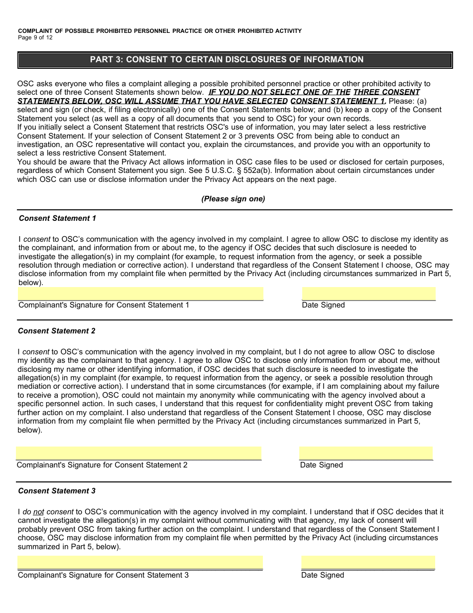 Form OSC-11 Complaint of Possible Prohibited Personnel Practice or Other Prohibited Activity, Page 11