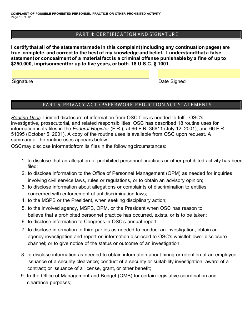 Form OSC-11 Complaint of Possible Prohibited Personnel Practice or Other Prohibited Activity, Page 12