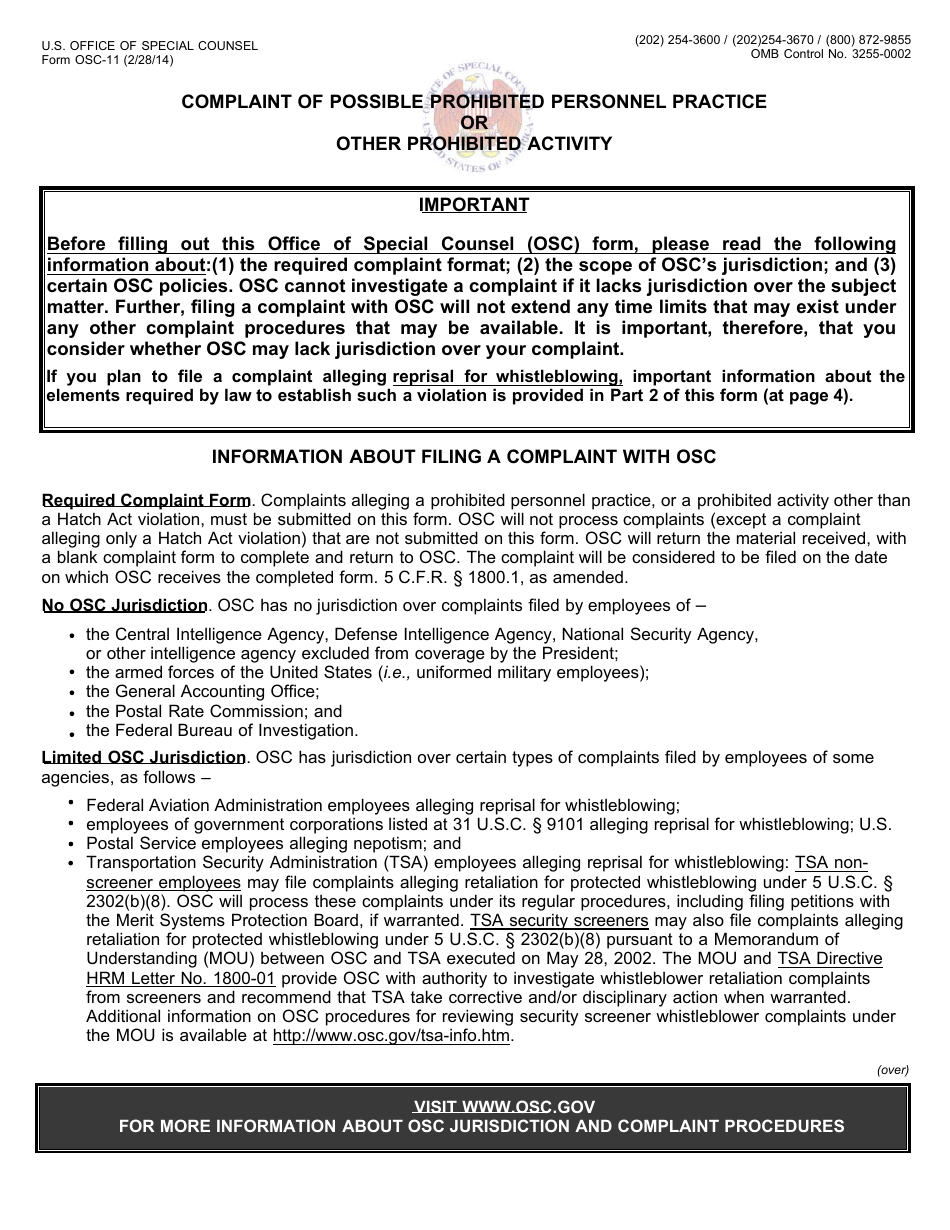 Form OSC-11 Complaint of Possible Prohibited Personnel Practice or Other Prohibited Activity, Page 1