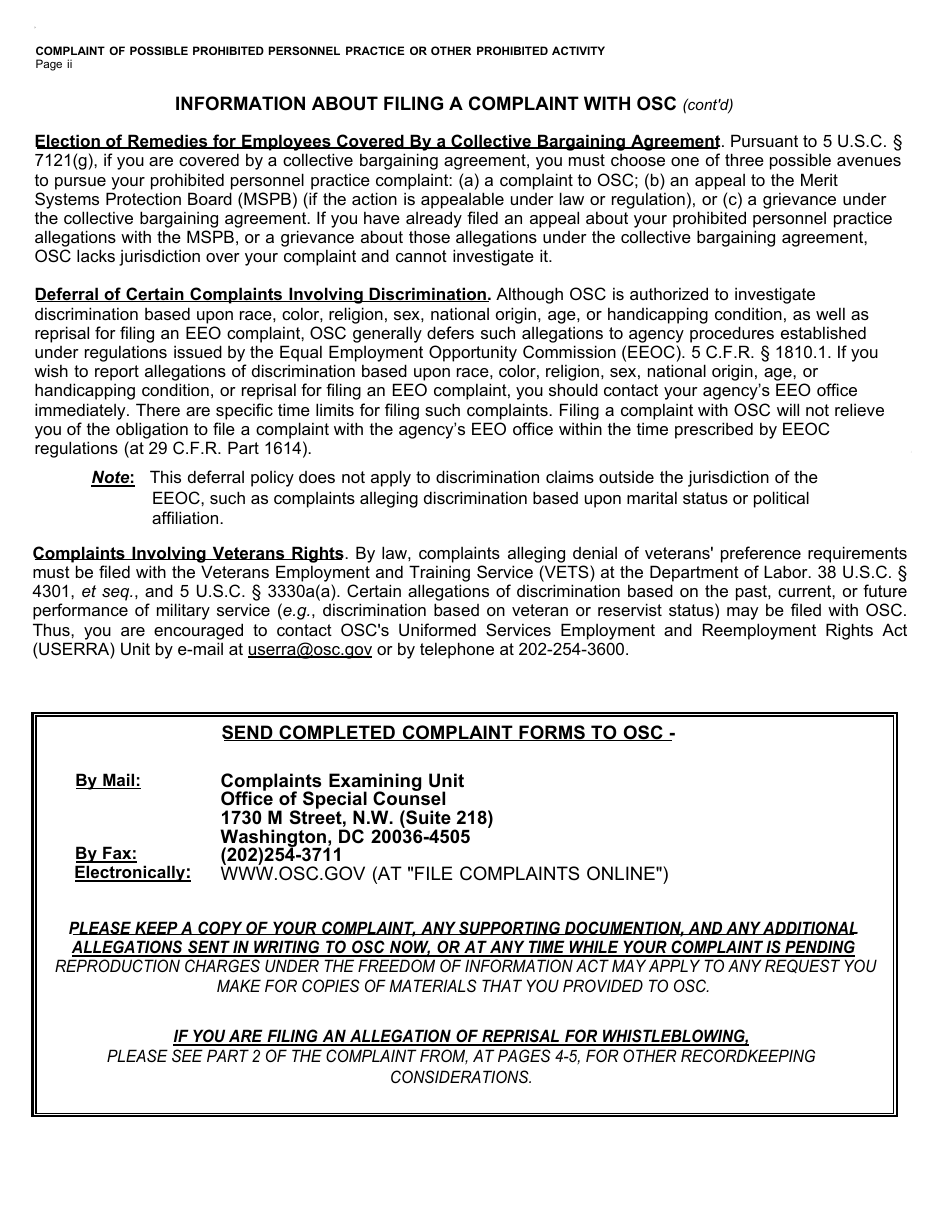 Form OSC-11 Complaint of Possible Prohibited Personnel Practice or Other Prohibited Activity, Page 2
