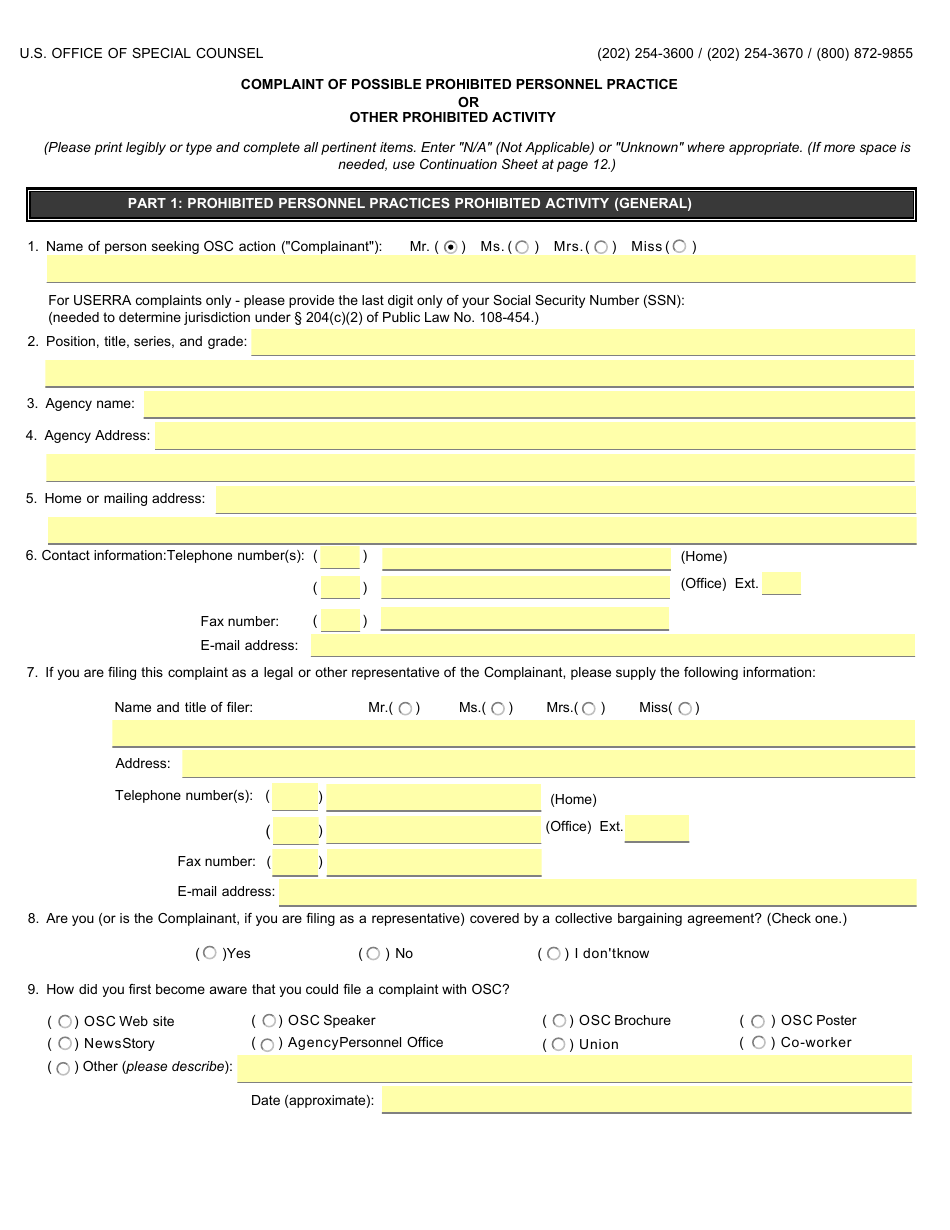 Form OSC-11 Complaint of Possible Prohibited Personnel Practice or Other Prohibited Activity, Page 3