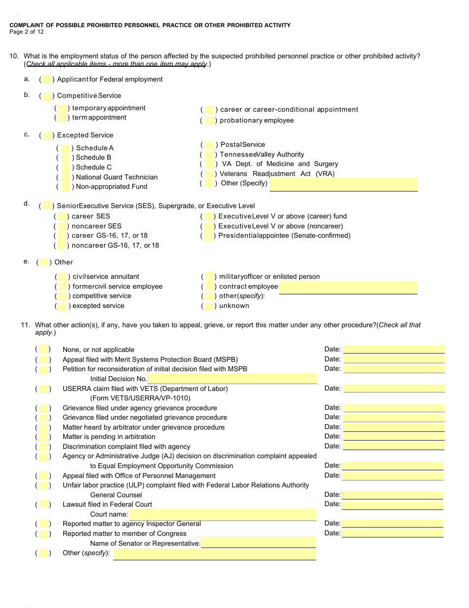 Form OSC-11 Complaint of Possible Prohibited Personnel Practice or Other Prohibited Activity, Page 4