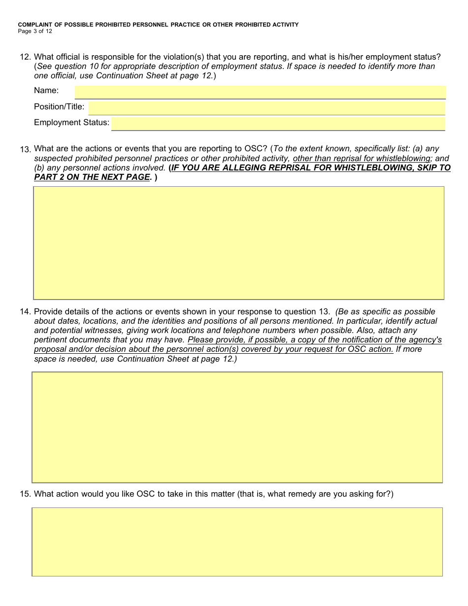 Form OSC-11 Complaint of Possible Prohibited Personnel Practice or Other Prohibited Activity, Page 5