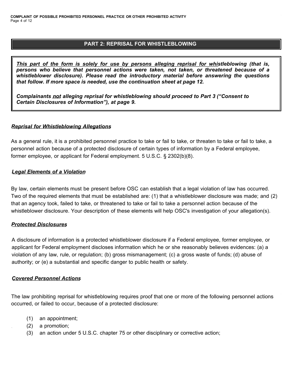 Form OSC-11 Complaint of Possible Prohibited Personnel Practice or Other Prohibited Activity, Page 6