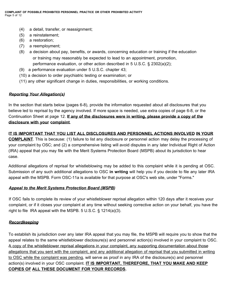 Form OSC-11 Complaint of Possible Prohibited Personnel Practice or Other Prohibited Activity, Page 7