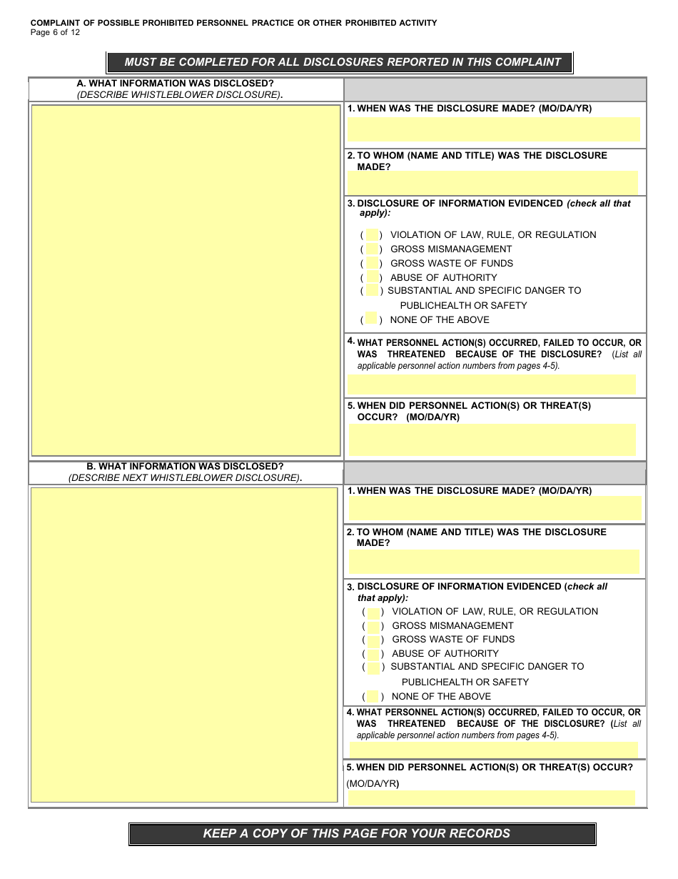 Form OSC-11 Complaint of Possible Prohibited Personnel Practice or Other Prohibited Activity, Page 8