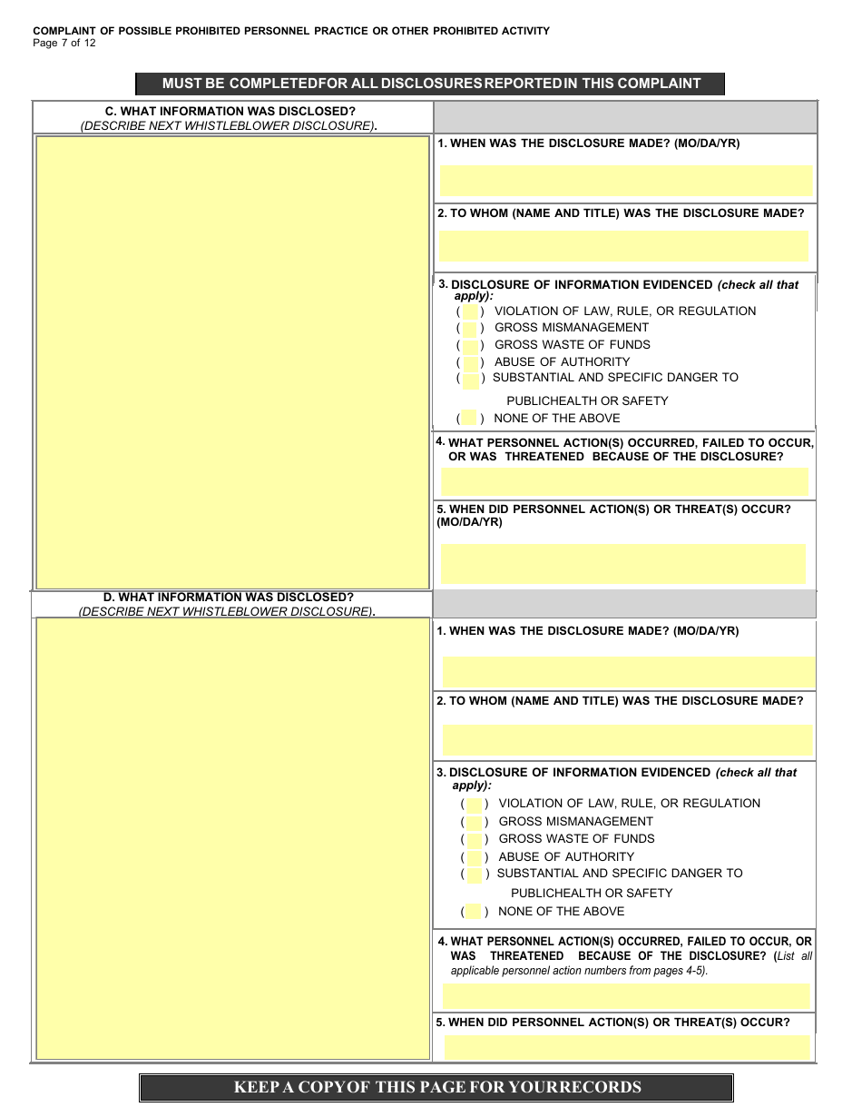 Form OSC-11 Complaint of Possible Prohibited Personnel Practice or Other Prohibited Activity, Page 9