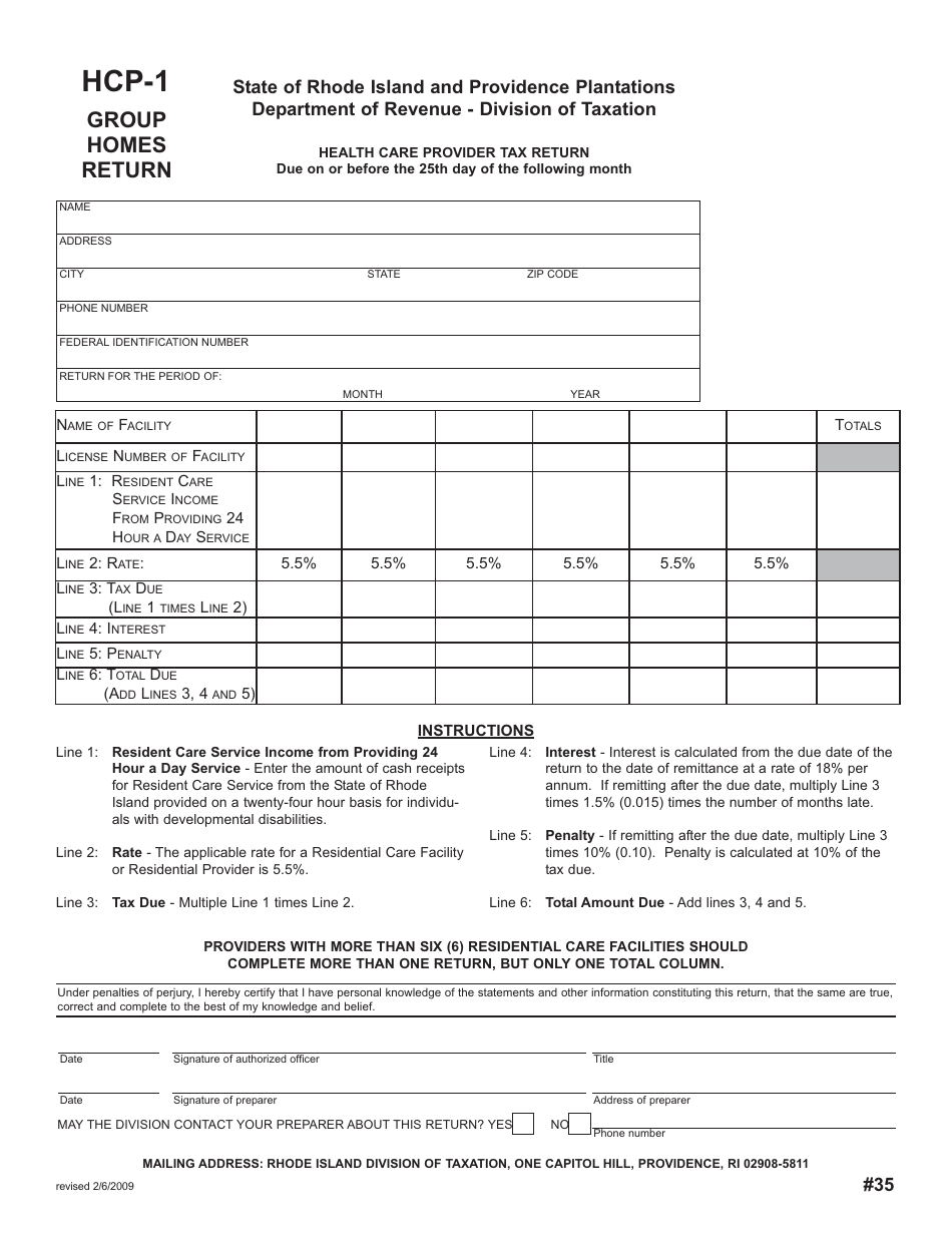 Form HCP-1 Group Homes Return - Rhode Island, Page 1