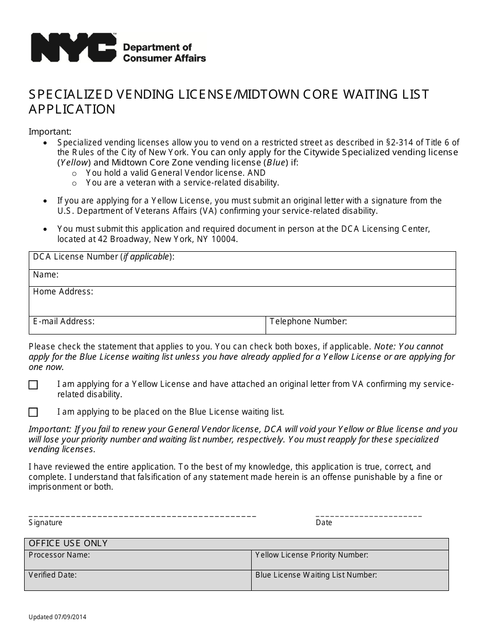 Specialized Vending License / Midtown Core Waiting List Application Form - New York City, Page 1