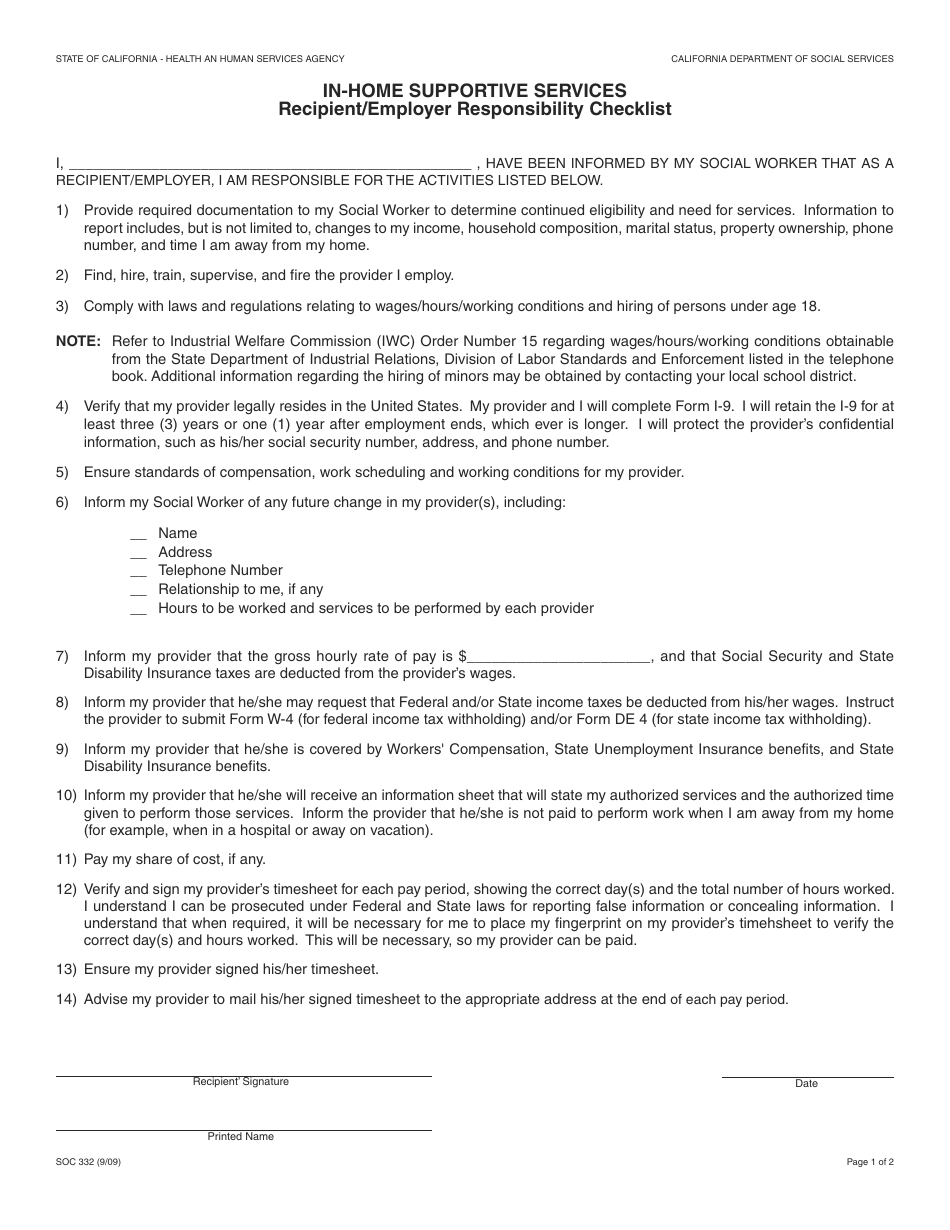 Form SOC332 In-home Supportive Services - Recipient / Employer Responsibility Checklist - California, Page 1