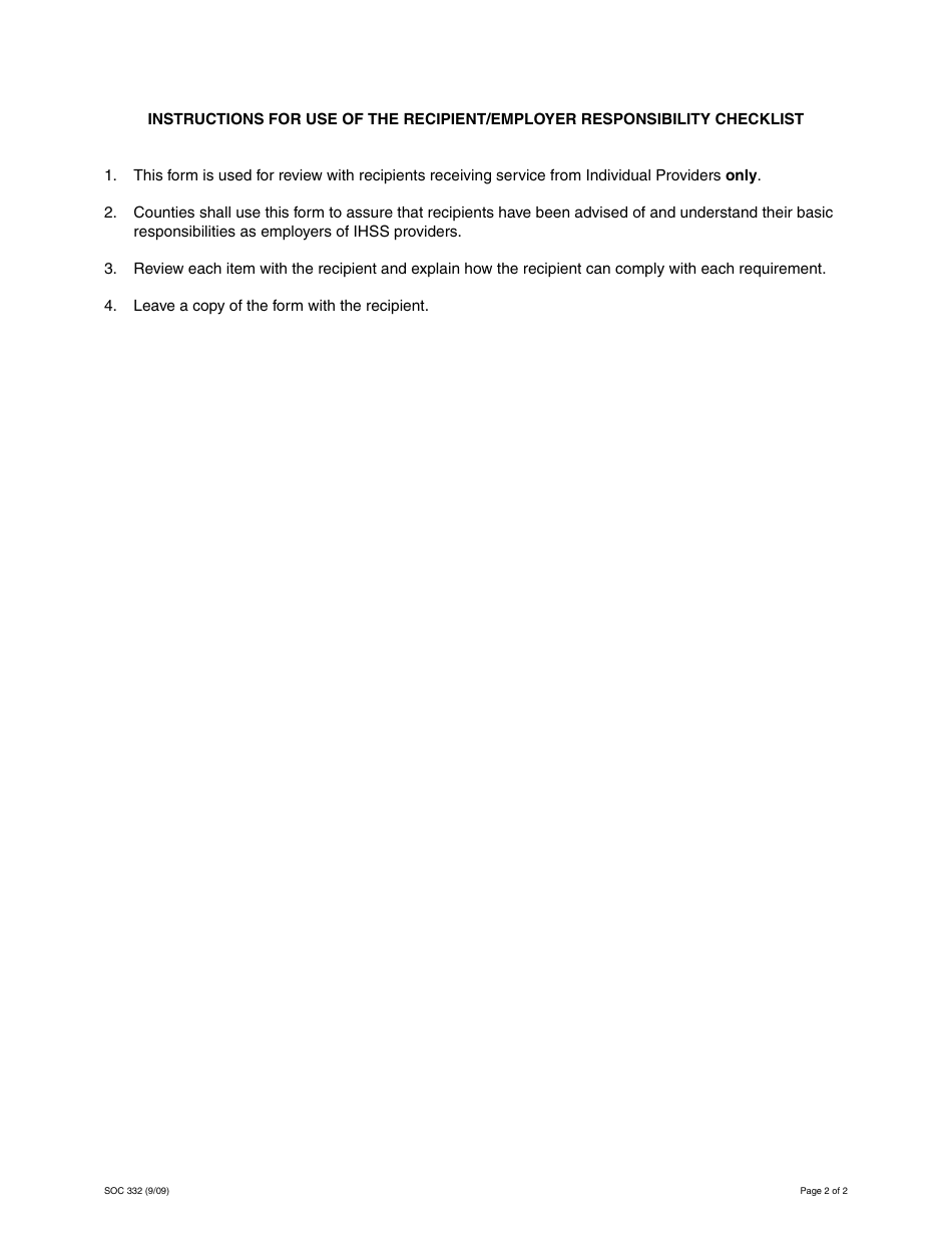 Form SOC332 In-home Supportive Services - Recipient / Employer Responsibility Checklist - California, Page 2
