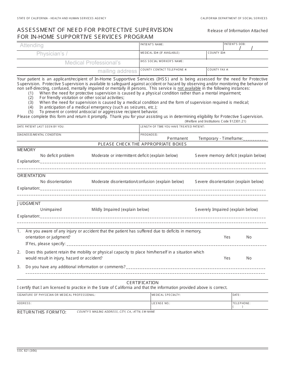 Form SOC821 Assessment of Need for Protective Supervision for in-Home Supportive Services Program - California, Page 1