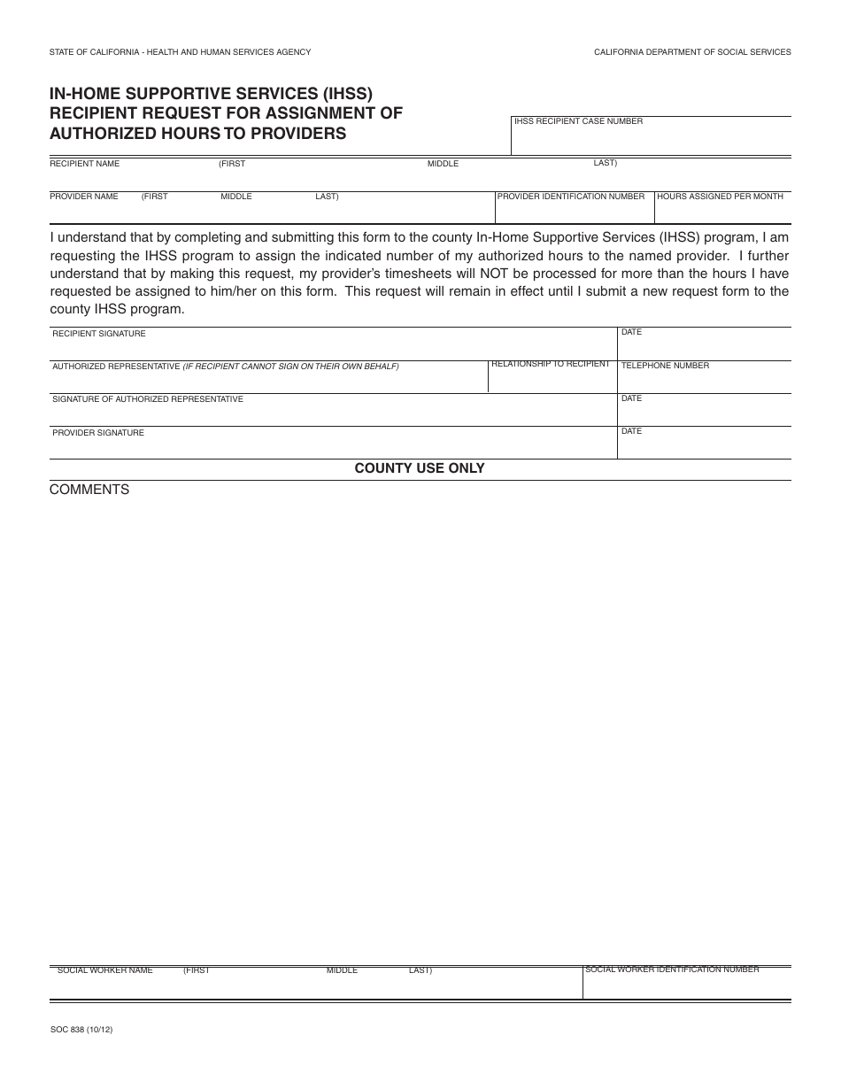 Form SOC838 In-home Supportive Services (Ihss) - Recipient Request for Assignment of Authorized Hours to Providers - California, Page 1