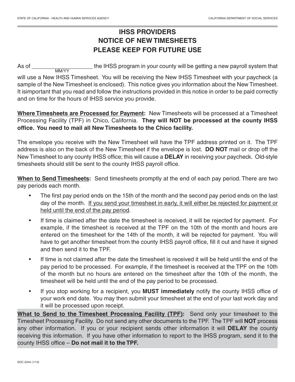 Form SOC2244 Fill Out, Sign Online and Download Fillable PDF, California Templateroller