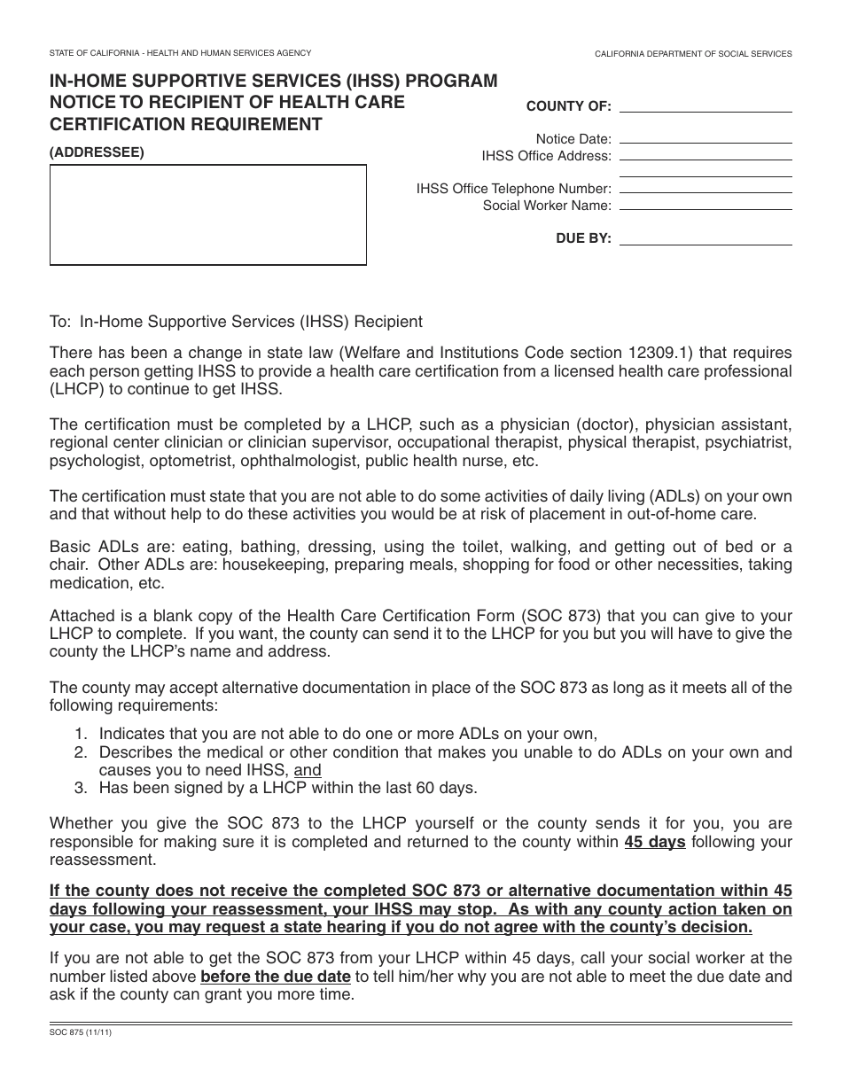 Form SOC875 In-home Supportive Services (Ihss) Program Notice to Recipient of Health Care Certification Requirement - California, Page 1