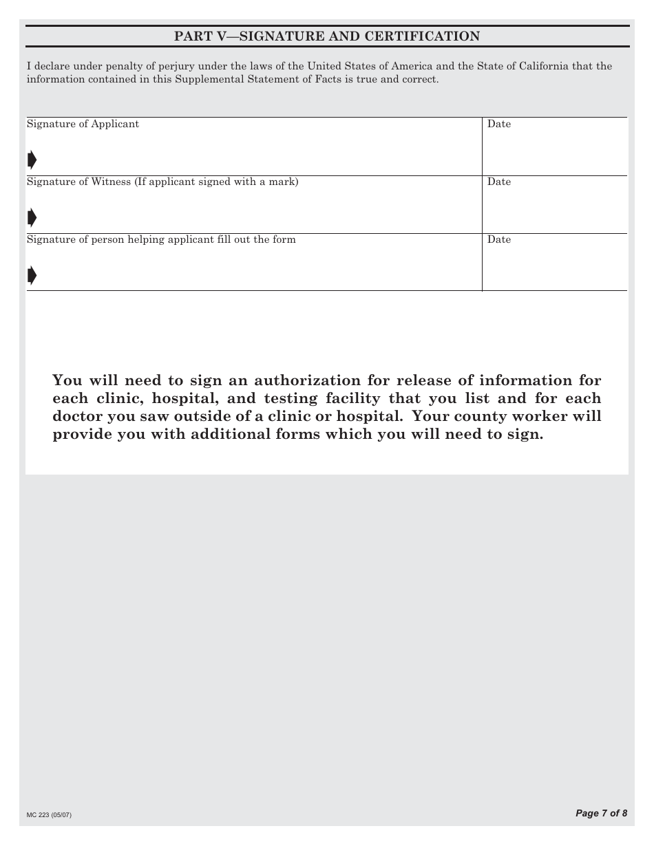 Form MC223 Applicants Supplemental Statement of Facts for Medical - California, Page 7