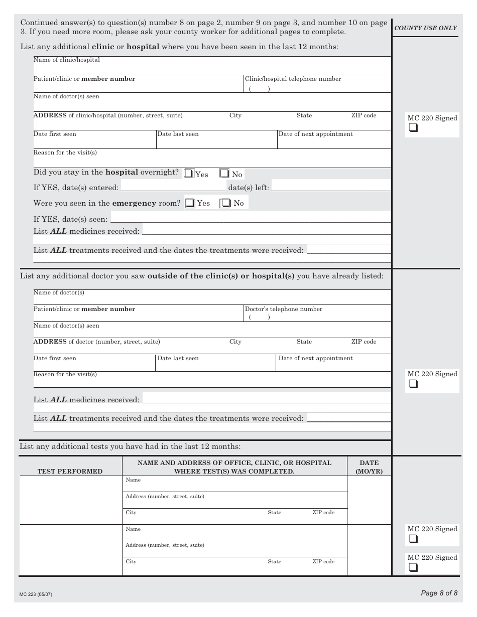 Form MC223 Applicants Supplemental Statement of Facts for Medical - California, Page 8