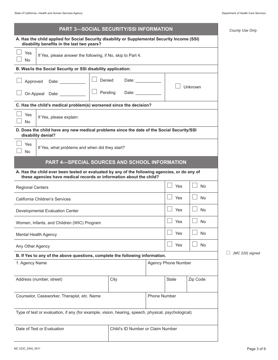 Form MC223C Supplemental Statement of Facts for Medi-Cal Child Applicant Only - Under Age 18 - California, Page 3