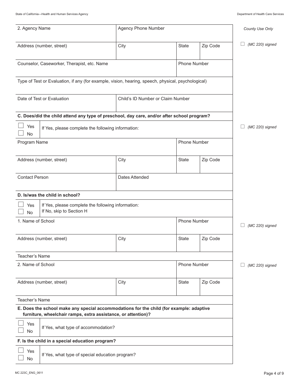 Form MC223C Supplemental Statement of Facts for Medi-Cal Child Applicant Only - Under Age 18 - California, Page 4