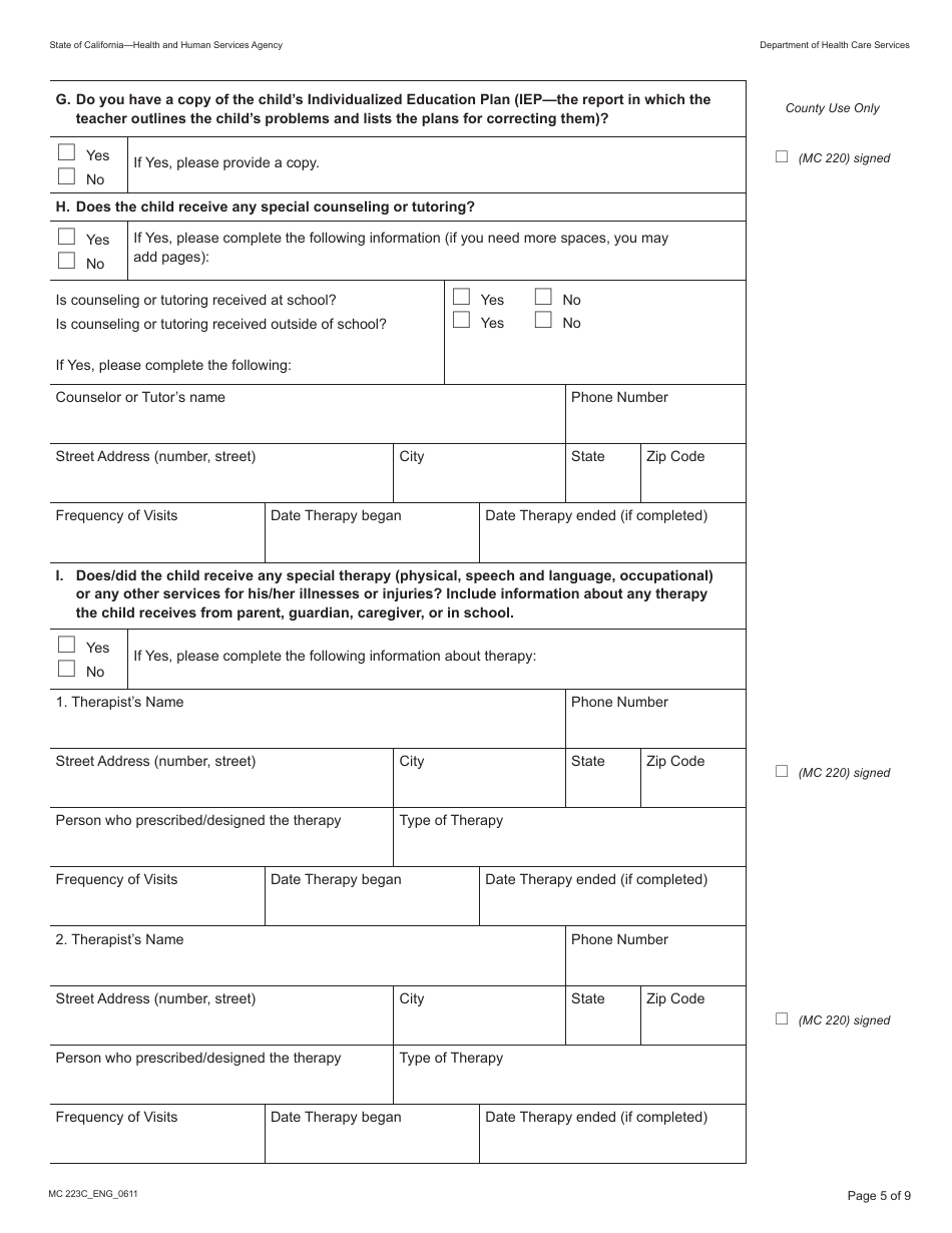 Form MC223C Supplemental Statement of Facts for Medi-Cal Child Applicant Only - Under Age 18 - California, Page 5