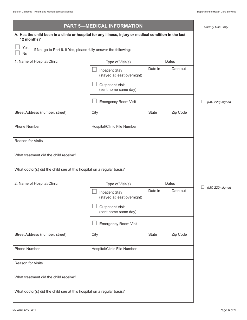 Form MC223C Supplemental Statement of Facts for Medi-Cal Child Applicant Only - Under Age 18 - California, Page 6