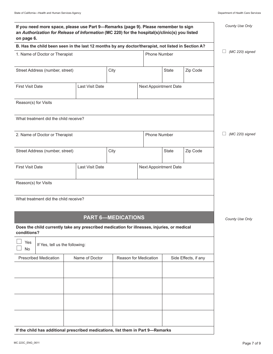 Form MC223C Supplemental Statement of Facts for Medi-Cal Child Applicant Only - Under Age 18 - California, Page 7