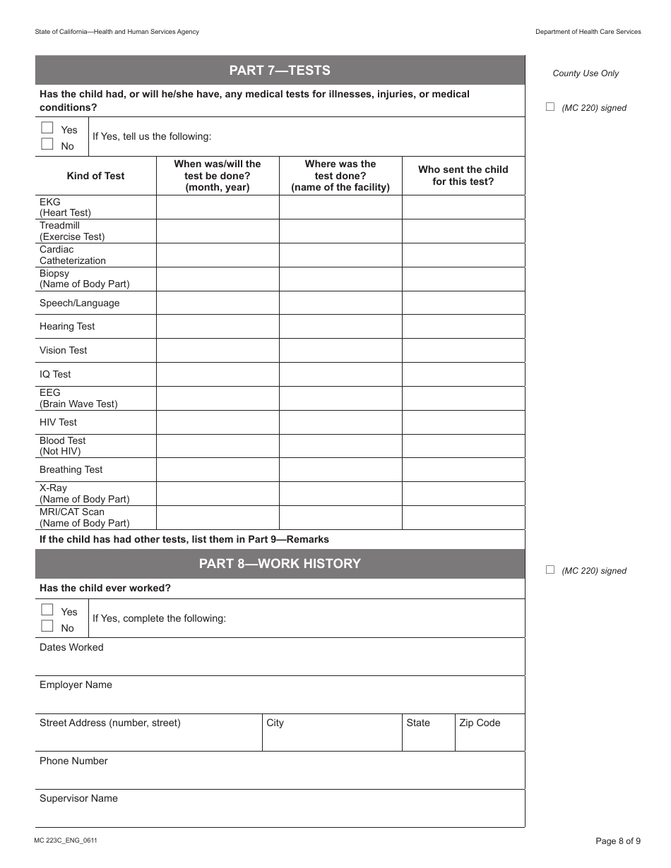 Form MC223C Supplemental Statement of Facts for Medi-Cal Child Applicant Only - Under Age 18 - California, Page 8