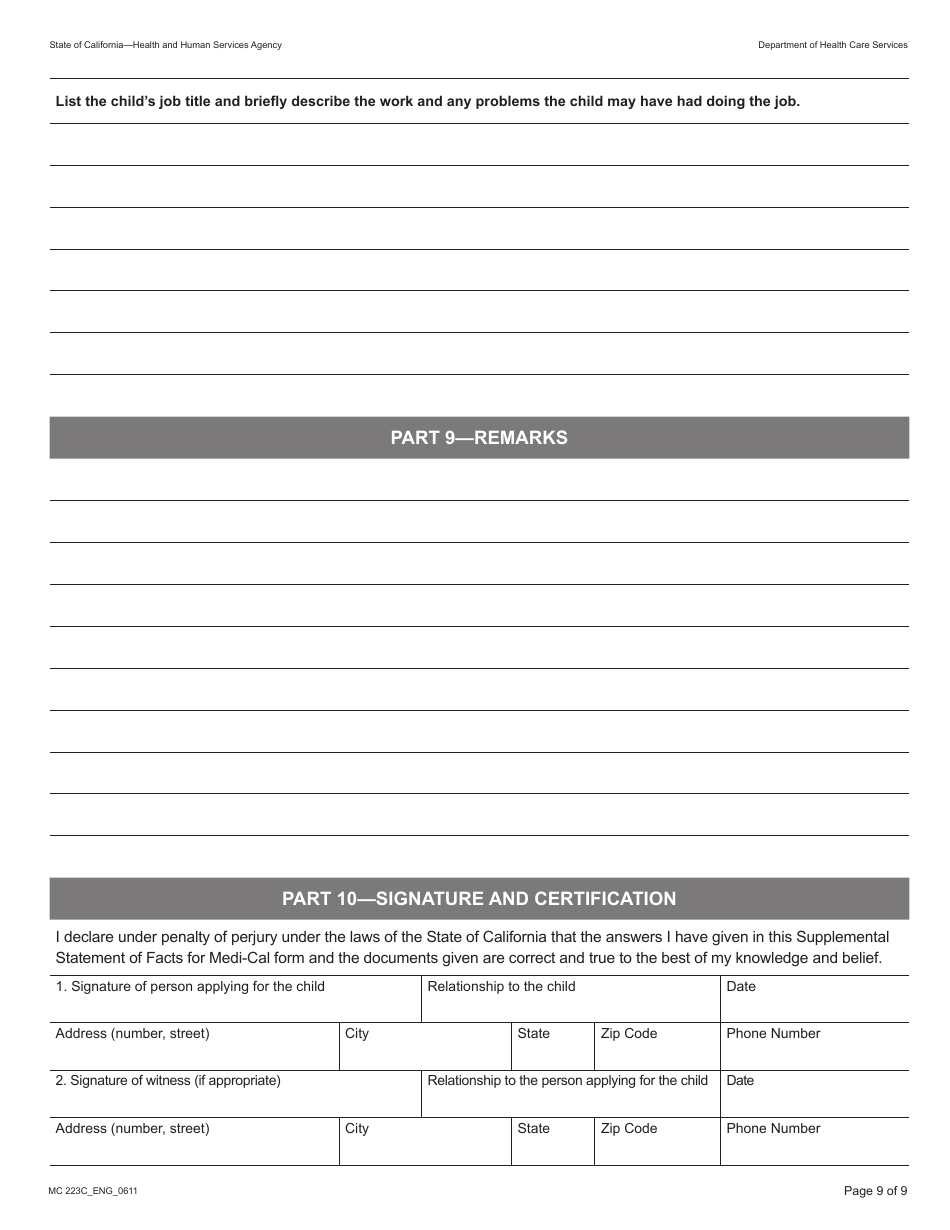 Form MC223C Supplemental Statement of Facts for Medi-Cal Child Applicant Only - Under Age 18 - California, Page 9