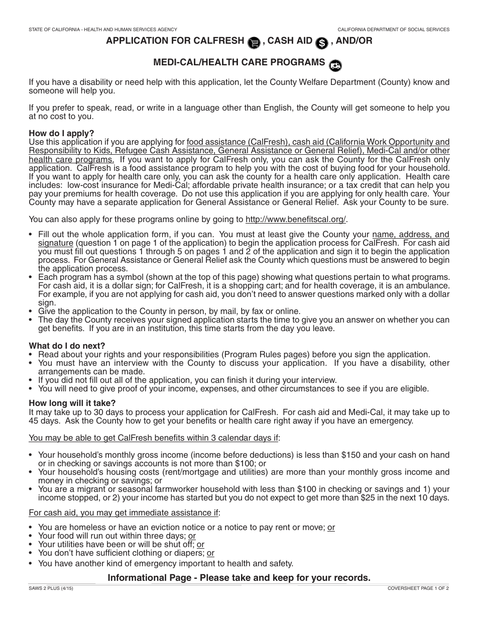 Form SAWS2 PLUS Fill Out, Sign Online and Download Fillable PDF