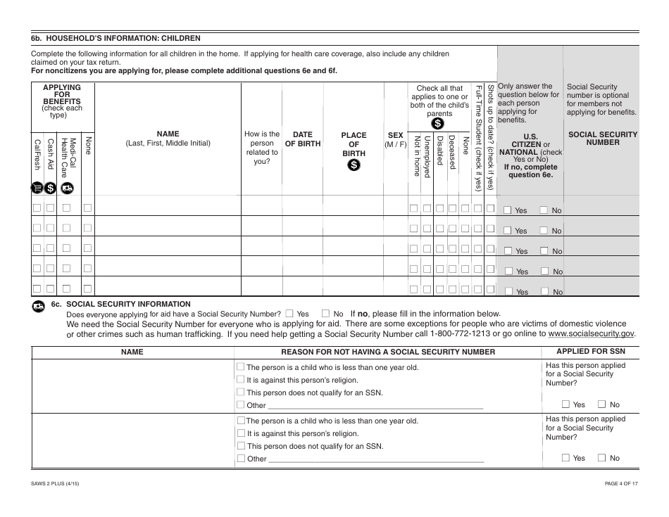 Form SAWS2 PLUS Application for CalFresh, Cash Aid, and / or Medi-Cal / Health Care Programs - California, Page 10