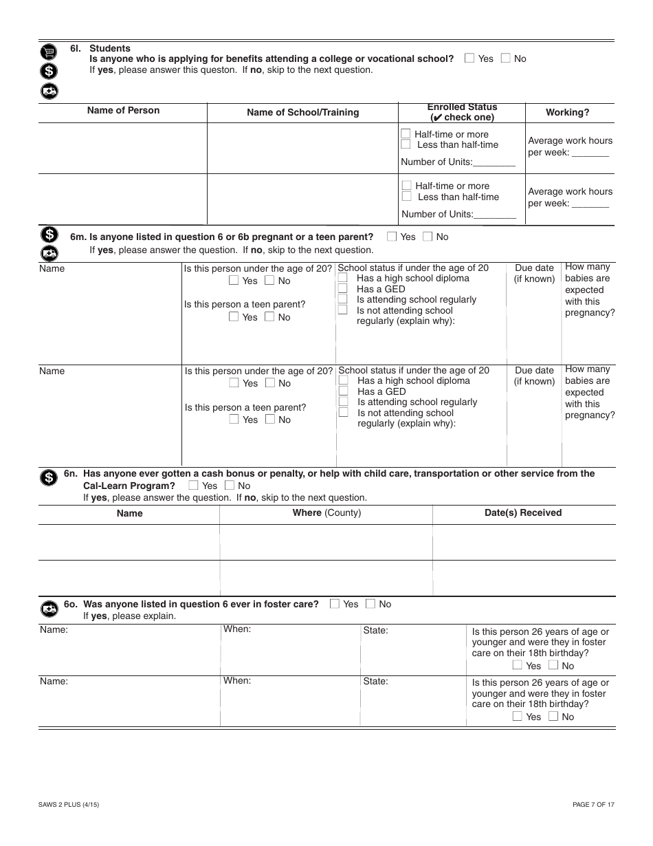 Form SAWS2 PLUS Application for CalFresh, Cash Aid, and / or Medi-Cal / Health Care Programs - California, Page 13