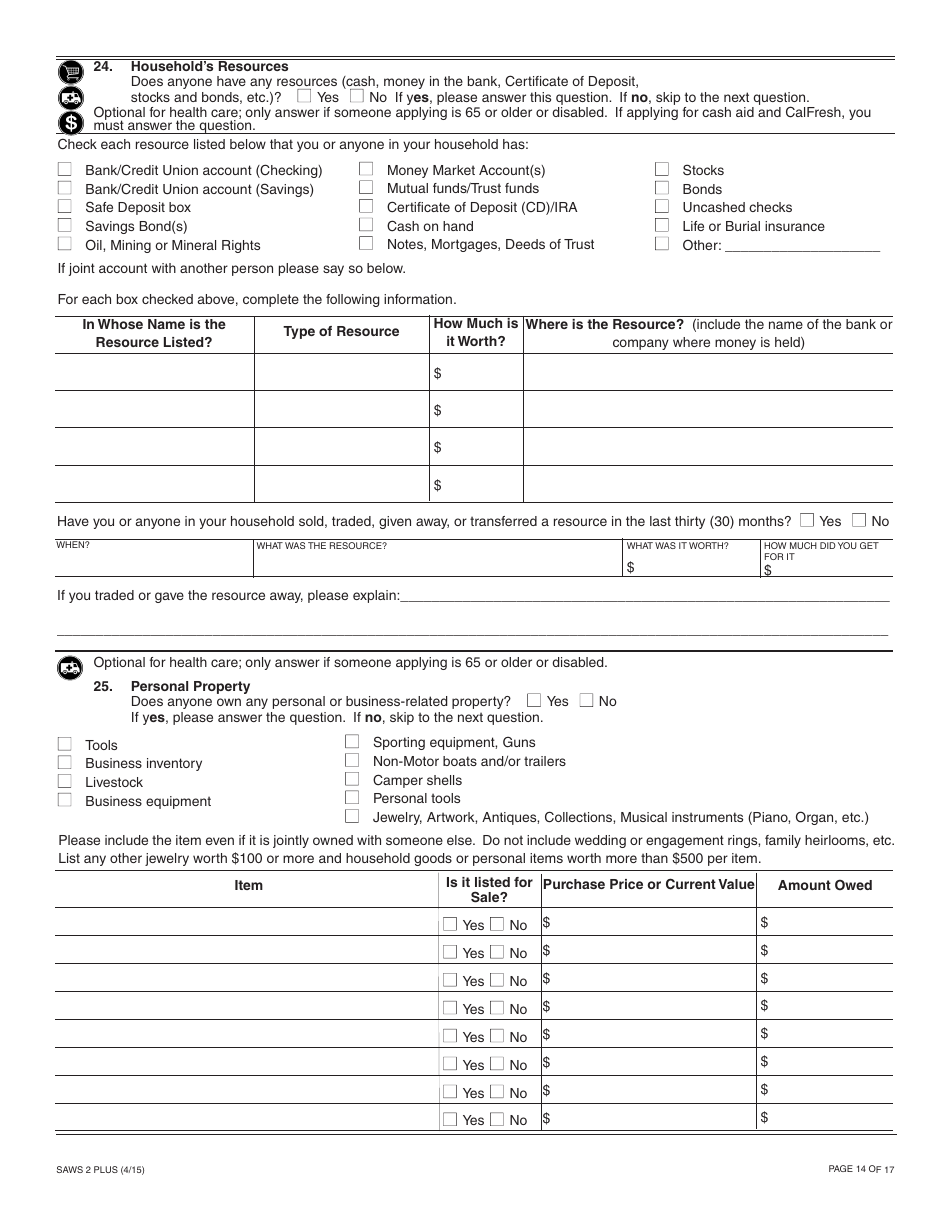 Form SAWS2 PLUS Application for CalFresh, Cash Aid, and / or Medi-Cal / Health Care Programs - California, Page 20