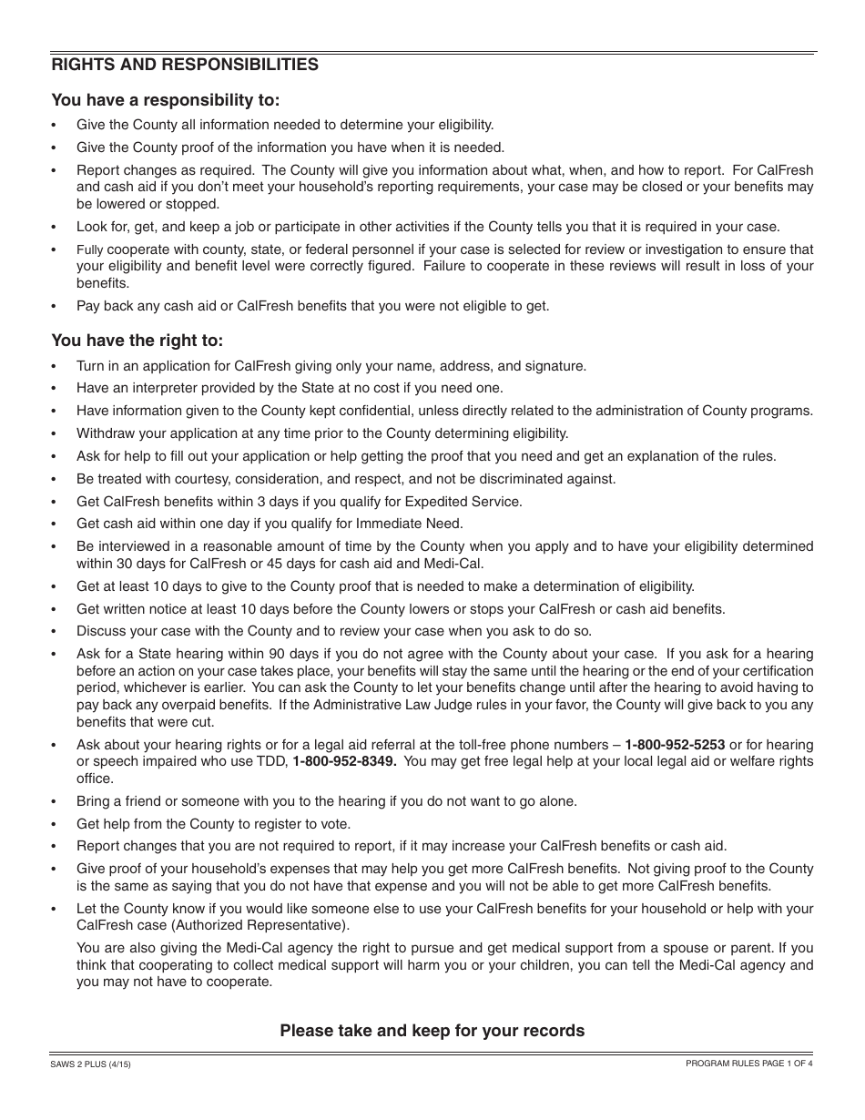 Form SAWS2 PLUS Application for CalFresh, Cash Aid, and / or Medi-Cal / Health Care Programs - California, Page 3