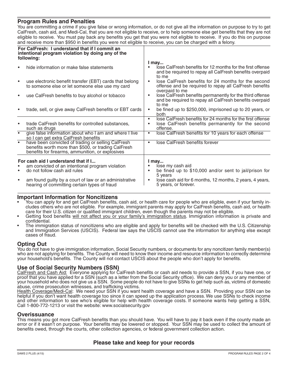 Form SAWS2 PLUS Application for CalFresh, Cash Aid, and / or Medi-Cal / Health Care Programs - California, Page 4