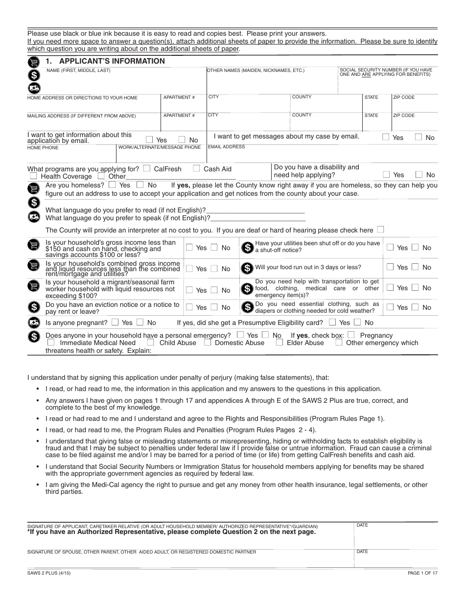 Form SAWS2 PLUS Application for CalFresh, Cash Aid, and / or Medi-Cal / Health Care Programs - California, Page 7