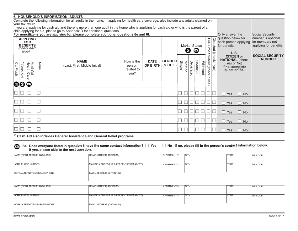 Form SAWS2 PLUS Application for CalFresh, Cash Aid, and / or Medi-Cal / Health Care Programs - California, Page 9
