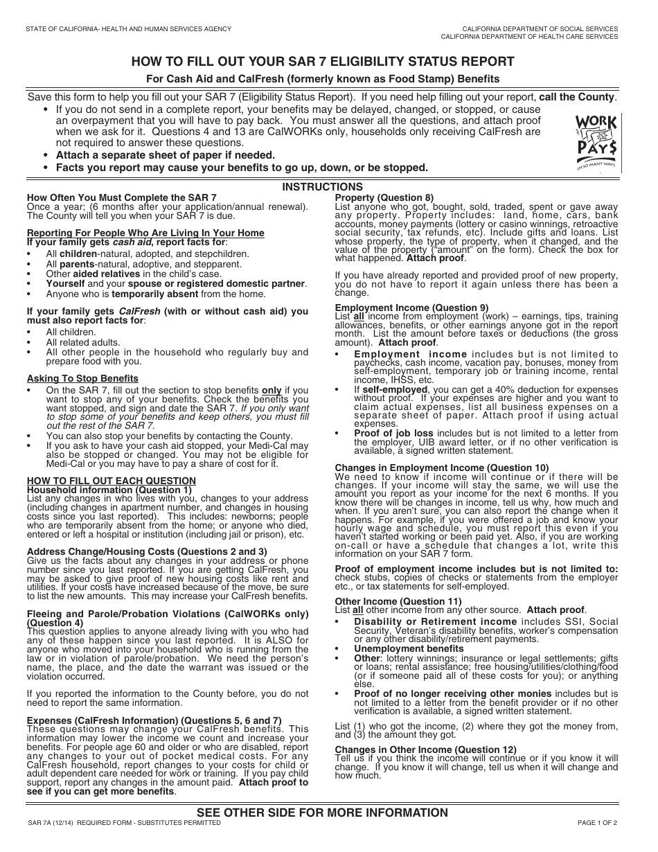 Instructions for Form SAR7 Eligibility Status Report - California, Page 1