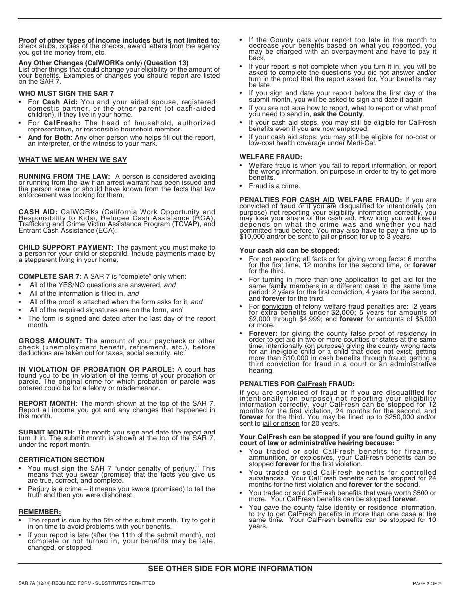 Instructions for Form SAR7 Eligibility Status Report - California, Page 2