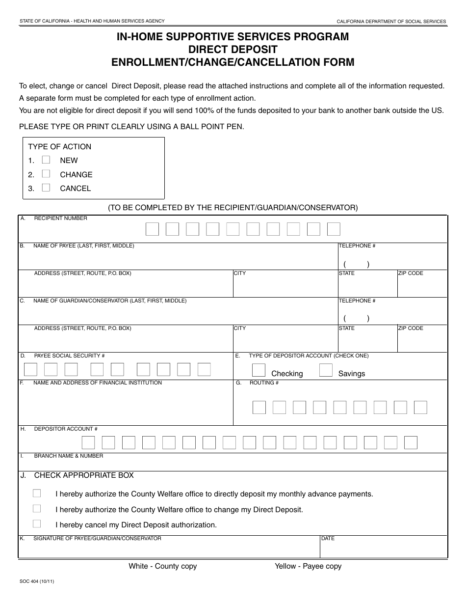 Form SOC404 Download Fillable PDF or Fill Online In-home Supportive Services Program - Direct ...