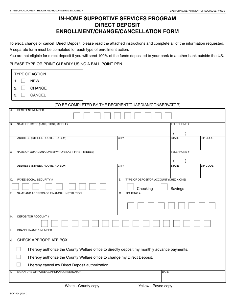 Form SOC404 In-home Supportive Services Program - Direct Deposit Enrollment / Change / Cancellation Form - California, Page 1