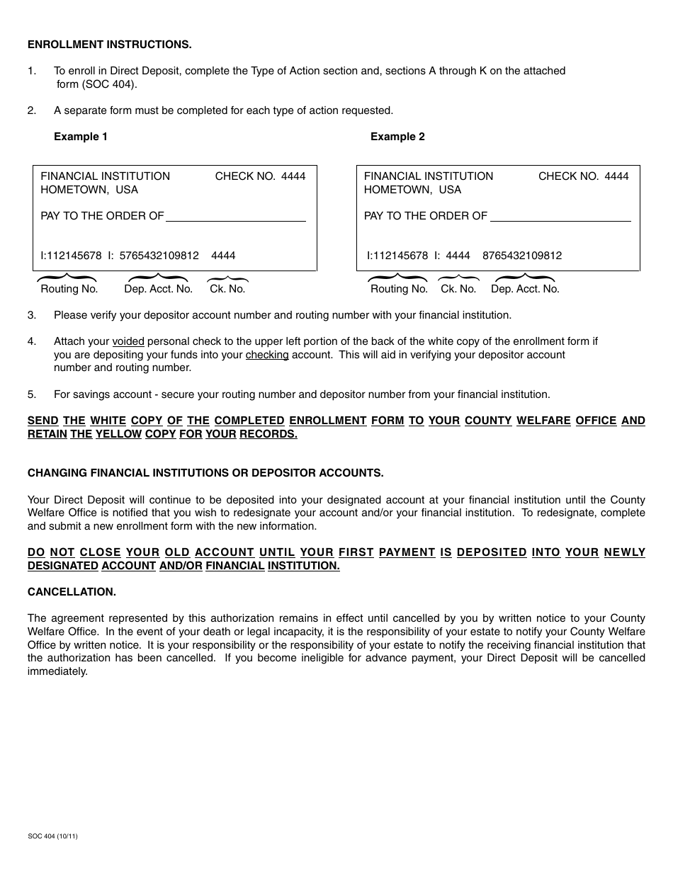 Form SOC404 In-home Supportive Services Program - Direct Deposit Enrollment / Change / Cancellation Form - California, Page 3