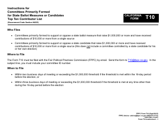 Document preview: Instructions for FPPC Form T10 Committees Primarily Formed for State Ballot Measures or Candidates Top Ten Contributor List - California