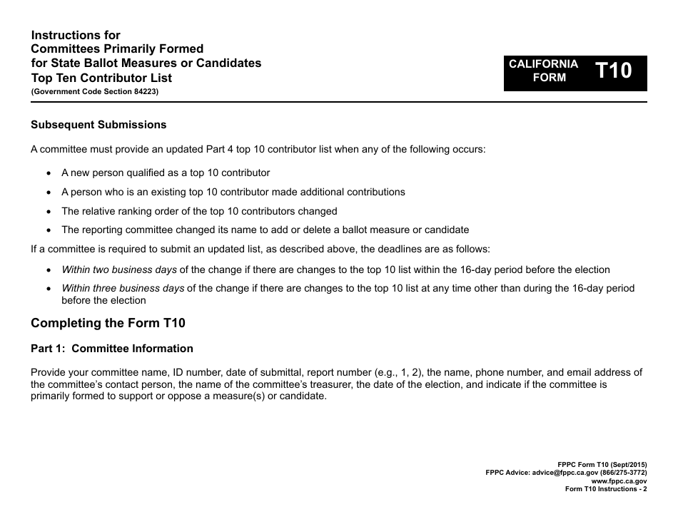 Instructions for FPPC Form T10 Committees Primarily Formed for State Ballot Measures or Candidates Top Ten Contributor List - California, Page 2