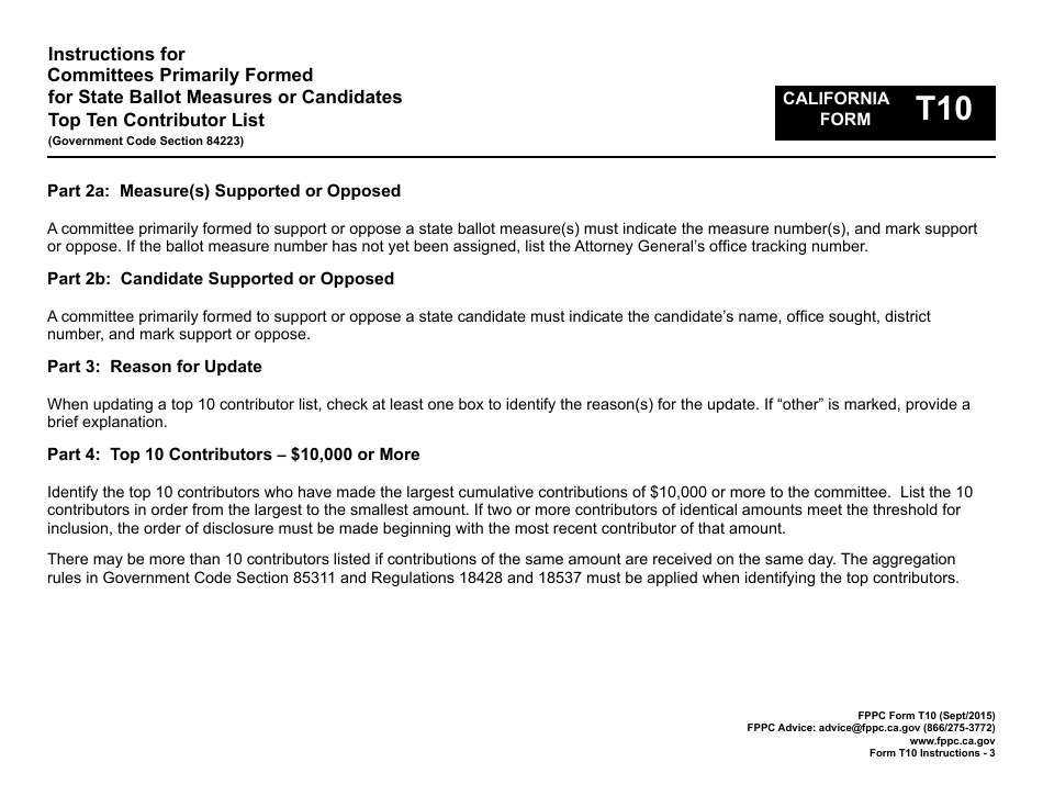 Instructions for FPPC Form T10 Committees Primarily Formed for State Ballot Measures or Candidates Top Ten Contributor List - California, Page 3