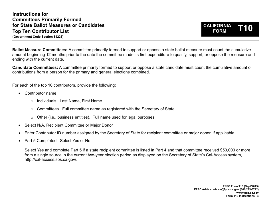 Instructions for FPPC Form T10 Committees Primarily Formed for State Ballot Measures or Candidates Top Ten Contributor List - California, Page 4